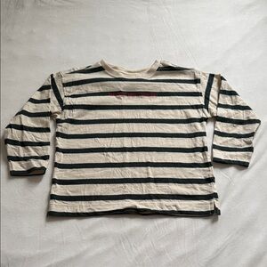 Zara Kids Dark Green and Cream Striped Tee ‘Exploring Urban Wonders’ Size 3Y